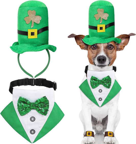 2 Pieces St. Patrick'S Day Dog Bandana Collar with Bow Tie and Pet Costume Hat Green Dog Bow Tie Collar Irish Dog Tuxedo St. Patrick Costume for Dogs Puppy Cat Pet Party Dress up Cosplay (Medium) Animals & Pet Supplies > Pet Supplies > Dog Supplies > Dog Apparel Sadnyy Large  