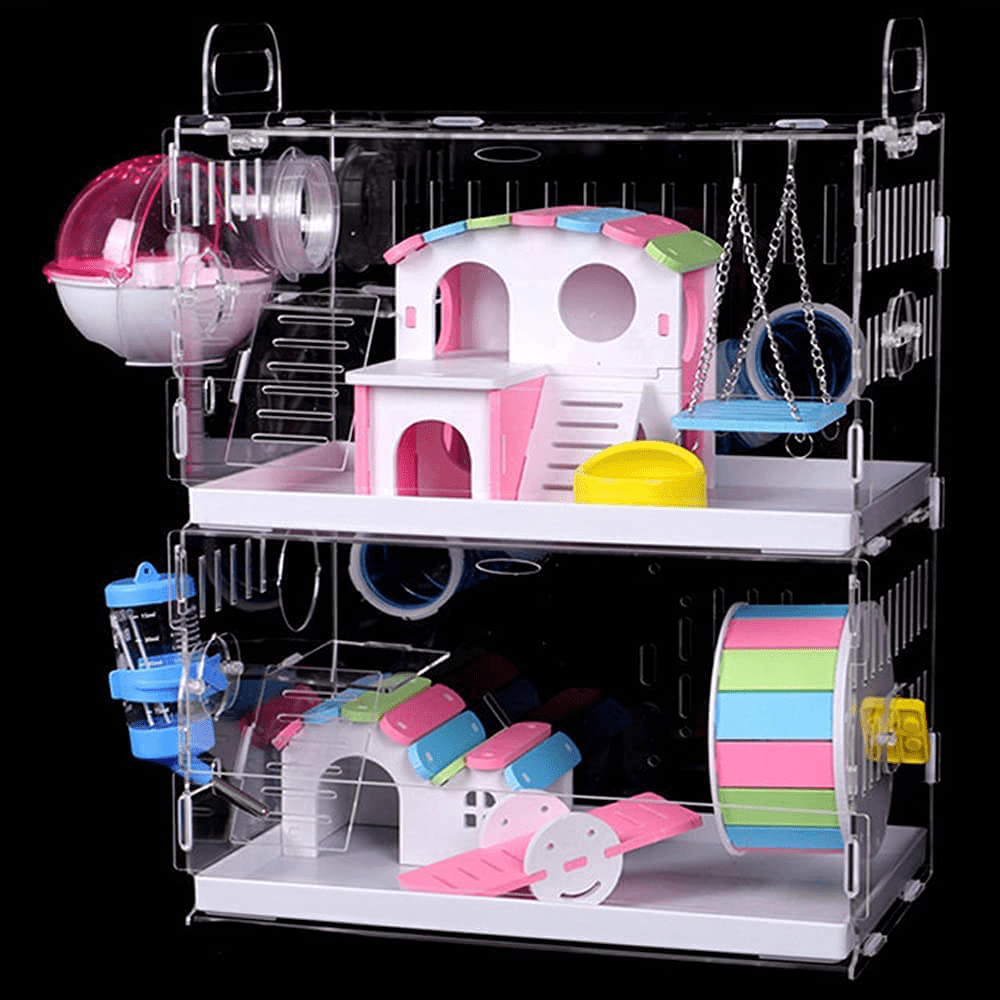2-Tier Hamster Cage with Crossover Tunnels Tubes, Transparent Durable Small Animal Cage and Habitats House, Include Exercise Wheel, Water Bottle, Hamster Hideout, Food Bowl
