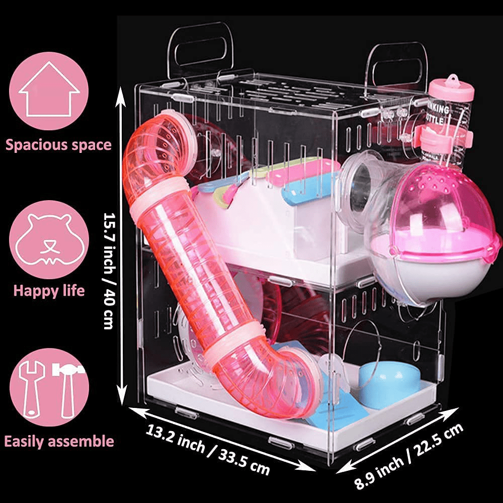 2-Tier Hamster Cage with Crossover Tunnels Tubes, Transparent Durable Small Animal Cage and Habitats House, Include Exercise Wheel, Water Bottle, Hamster Hideout, Food Bowl