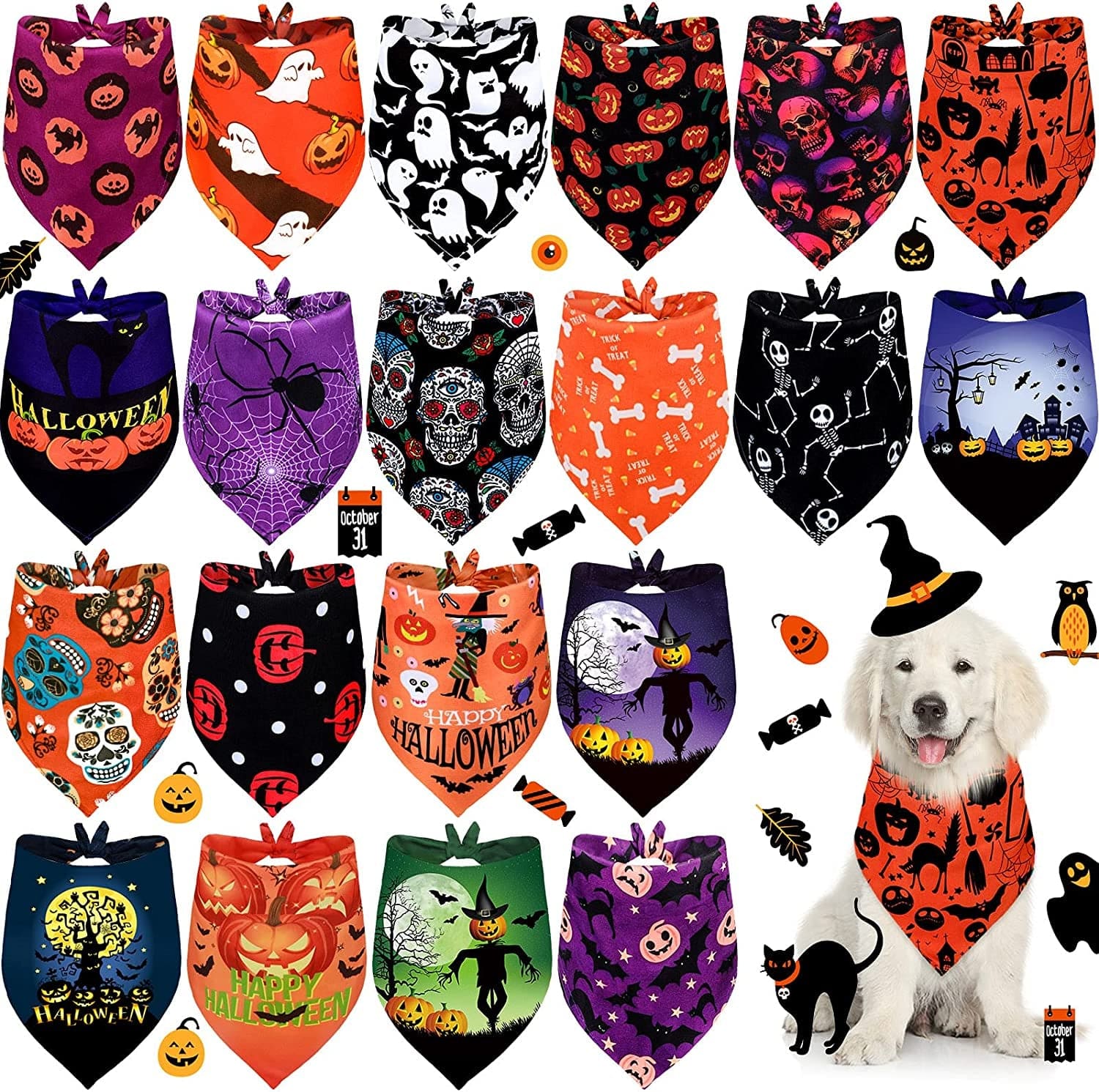 20 Pieces Halloween Dog Bandanas Bulk Soft and Breathable Adjustable Pumpkin Bat Ghost Patterns Printing Dog Kerchief for Small to Large Dog Puppy Cat(Medium) Animals & Pet Supplies > Pet Supplies > Dog Supplies > Dog Apparel Frienda Medium  