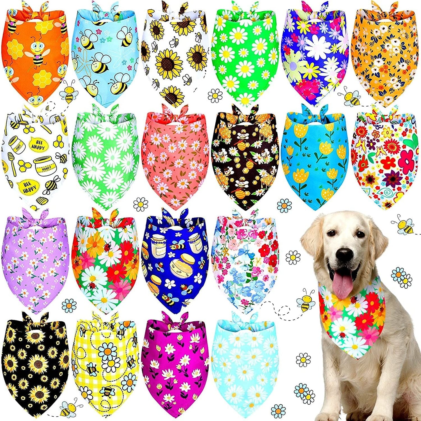 20 Pieces Summer Spring Dog Bandanas Bulk, Hawaii Floral Dog Bandana Soft Triangle Doggy Kerchief Scarf Bibs with Flowers Patterns for Small Medium Large Pets (Flowers, Bees, Large) Animals & Pet Supplies > Pet Supplies > Dog Supplies > Dog Apparel Weewooday Flowers, Bees X-Large 