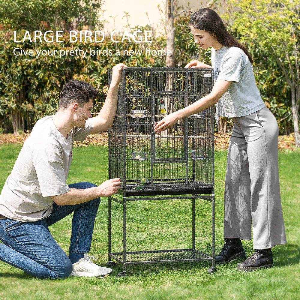 VIVOHOME 54 Inch Wrought Iron Large Bird Flight Cage with Rolling Stand for African Grey Parrot Cockatiel Sun Parakeet Conure Lovebird Canary Black Animals & Pet Supplies > Pet Supplies > Bird Supplies > Bird Cages & Stands VIVOHOME   