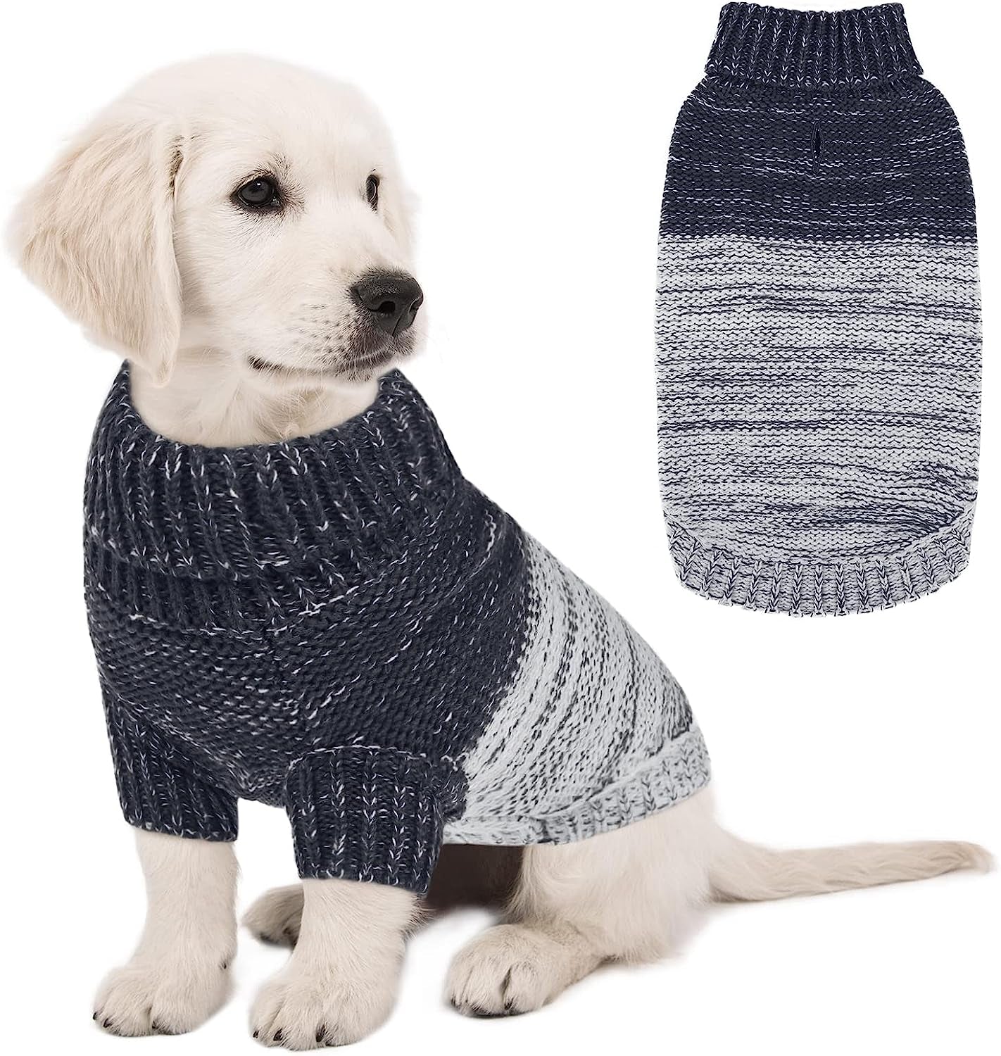 Queenmore Knitted Pullover Dog Sweater, Turtleneck Pet Cat Sweater, Cold Weather Puppy Sweater Stitching Knitwear with Leash Hole for Small Medium Dogs Animals & Pet Supplies > Pet Supplies > Dog Supplies > Dog Apparel Queenmore Dark Blue Small 