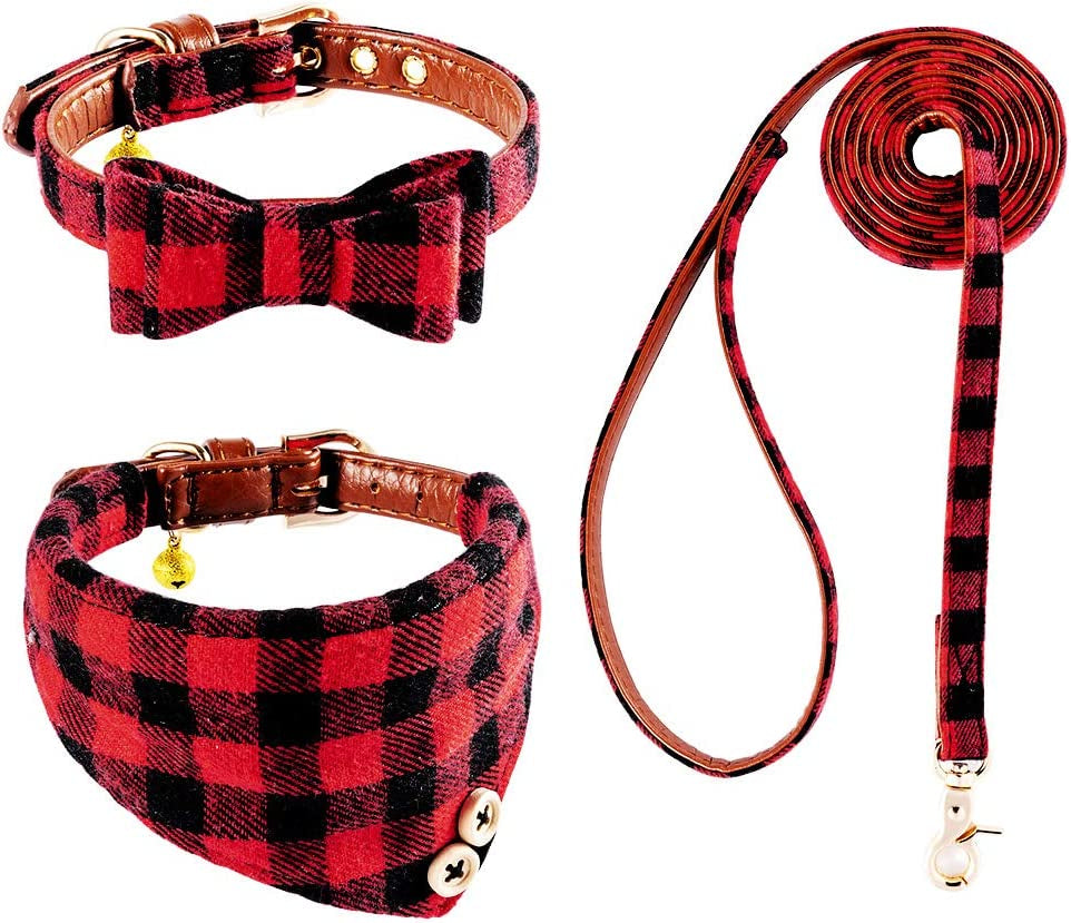 EXPAWLORER Dog Collar and Leash Set - Classic Plaid Dog Bow Tie and Dog Bandana Collar with Bell, Dog Leash Tangle Free, Adjustable Collars for Small Medium Large Dogs Cats, Holiday Ideal Gift Animals & Pet Supplies > Pet Supplies > Dog Supplies > Dog Apparel EXPAWLORER Red & Black Small 