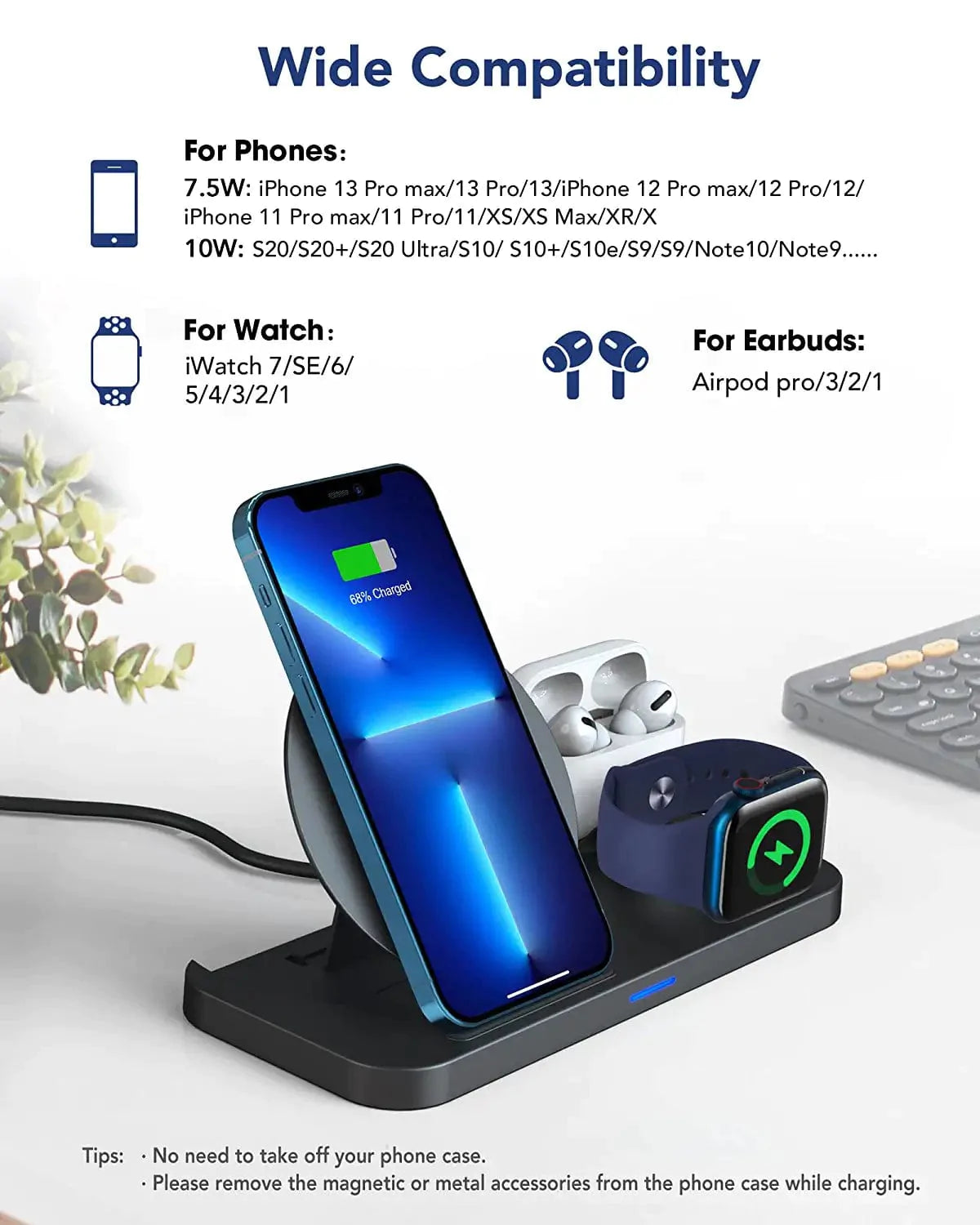 [2022 NEW] 3 in 1 Wireless Charging Station for Multiple Devices Apple, Charging Stand for Iphone and Apple Watch 7/6/SE/5/4/3/2/1, Portable Charging Dock for Airpods Pro/3/2/1 (With 18W Fast Charger)