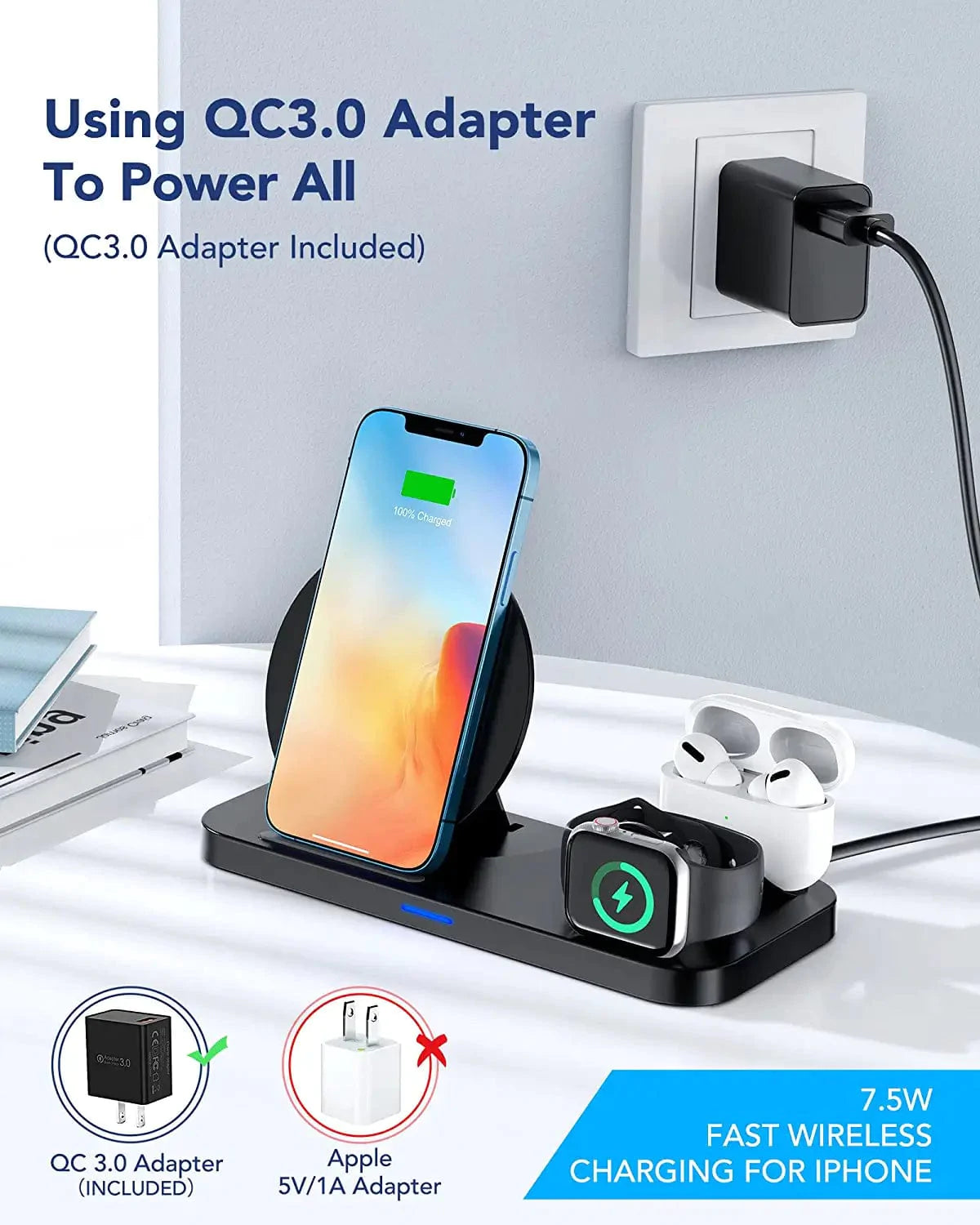 [2022 NEW] 3 in 1 Wireless Charging Station for Multiple Devices Apple, Charging Stand for Iphone and Apple Watch 7/6/SE/5/4/3/2/1, Portable Charging Dock for Airpods Pro/3/2/1 (With 18W Fast Charger)