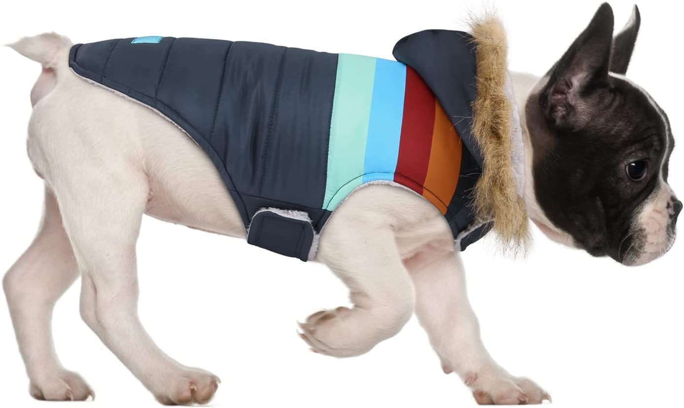 HDE Dog Puffer Jacket Fleece Lined Warm Dog Parka Winter Coat with Harness Hole Navy Retro Stripe - L Animals & Pet Supplies > Pet Supplies > Dog Supplies > Dog Apparel HDE Navy Retro Stripe Medium 