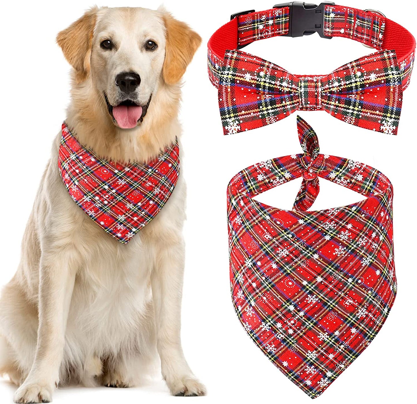 Malier Dog Bandana and Collar Set Pet Christmas Classic Plaid Snowflake Dog Scarf Triangle Bibs Kerchief Adjustable Collars with Bow Tie Pet Costume for Cats Dogs Pets (Large) Animals & Pet Supplies > Pet Supplies > Dog Supplies > Dog Apparel Malier Red & Black Plaid Large 