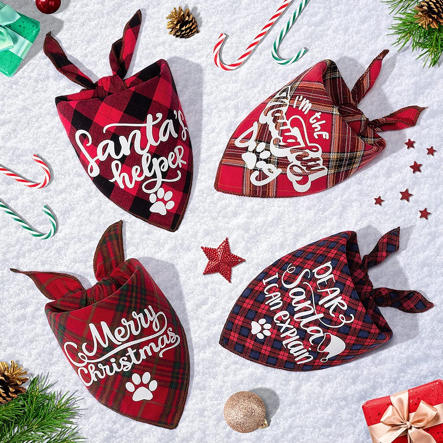 4 Pack Dog Birthday Bandanas - Classic Triangle Merry Christmas Printing Plaid Fall Xmas Pet Scarf Bibs Kerchief Gifts Set - Pet Holiday Accessories Decoration for Small to Large Puppy Dogs Cats Animals & Pet Supplies > Pet Supplies > Dog Supplies > Dog Apparel Remifa   