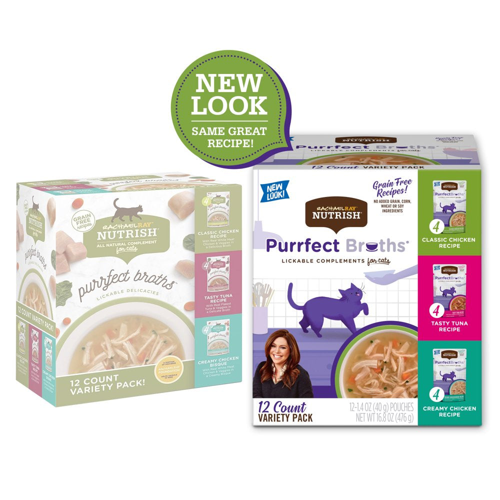 Rachael Ray Nutrish Purrfect Broths Grain Free Variety Pack, All Natural Complement for Cats, 1.4 Oz Pouches, 12-Count Animals & Pet Supplies > Pet Supplies > Cat Supplies > Cat Treats The J.M. Smucker Company   