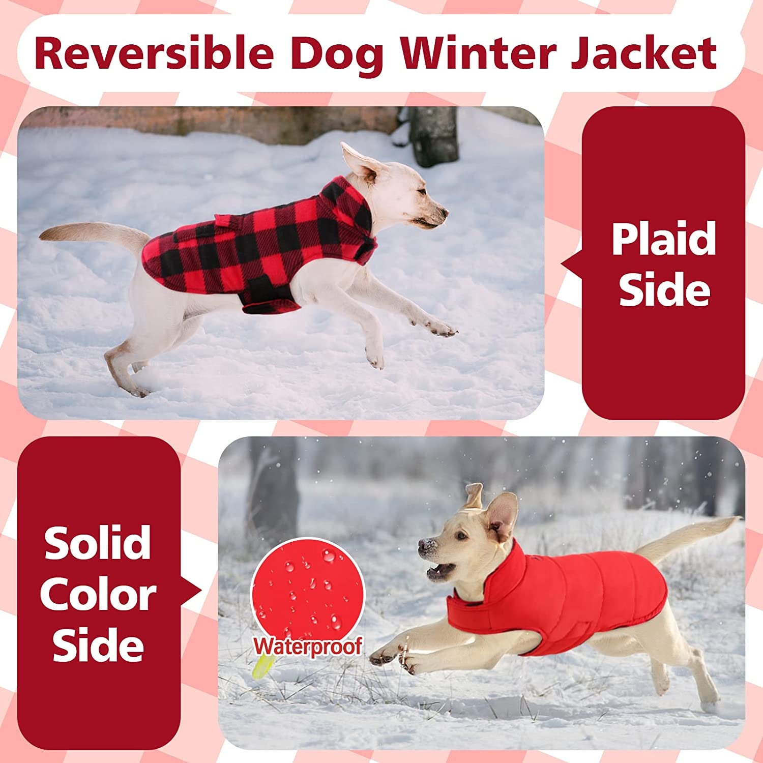 Kuoser Cozy Dog Winter Coat, Windproof Dog Jacket British Style Plaid Cold Weather Dog Coat Reversible Warm Dog Vest for Small Medium Large Dogs Red L Animals & Pet Supplies > Pet Supplies > Dog Supplies > Dog Apparel Kuoser   