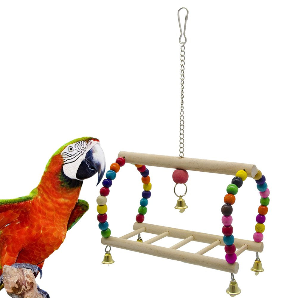 HOTYA Bird Parrot Toy Hanging Bird Swing Perch Wooden Parrot Climbing Ladder Bird Cage Chew Bell Toy with Colorful Beads Animals & Pet Supplies > Pet Supplies > Bird Supplies > Bird Ladders & Perches HOTYA   