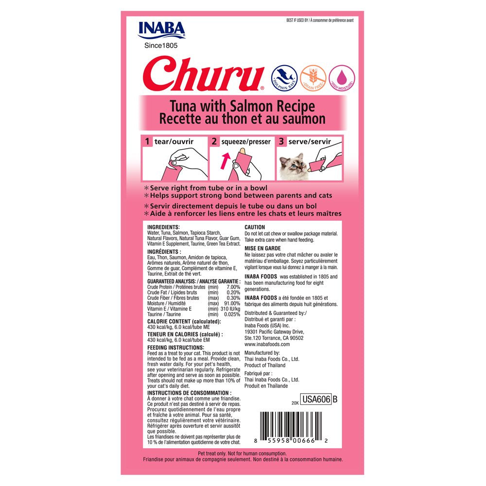 INABA Churu Creamy, Lickable Purée Cat Treat W Taurine, 0.5 Oz, 4 Tubes, Tuna with Salmon Recipe Animals & Pet Supplies > Pet Supplies > Cat Supplies > Cat Treats Inaba Foods (USA) Inc.   