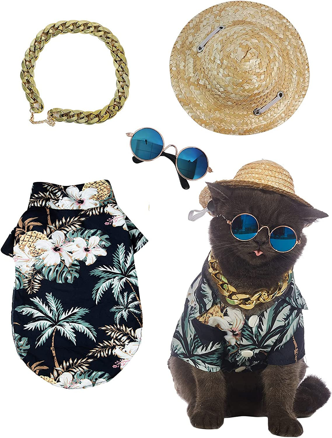 Impoosy Hawaiian Dog T Shirts Pet Summer Clothes Cat Sunglasses Funny Straw Hat Kitten Costumes with Gold Chain Collar (Large,Blue) Animals & Pet Supplies > Pet Supplies > Dog Supplies > Dog Apparel Impoosy Black Large (Neck:12.5"Bust:19.3") 