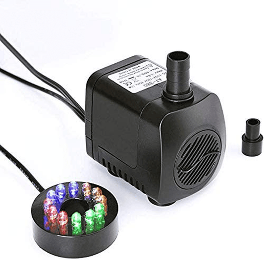 220 GPH (800L/H, 15W) Submersible Water Pump for Fish Tank, Aquarium, Fountain, Pond, Small Silent 12 LED Colorful Pump Lights with 2 Nozzle, 6 Feet Power Cord