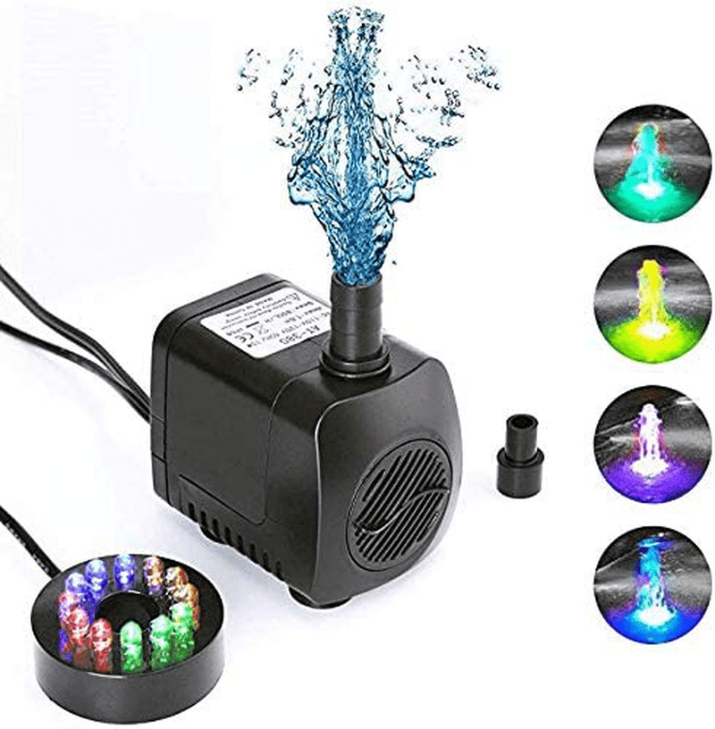 220 GPH (800L/H, 15W) Submersible Water Pump for Fish Tank, Aquarium, Fountain, Pond, Small Silent 12 LED Colorful Pump Lights with 2 Nozzle, 6 Feet Power Cord Animals & Pet Supplies > Pet Supplies > Fish Supplies > Aquarium & Pond Tubing QIYAGE   