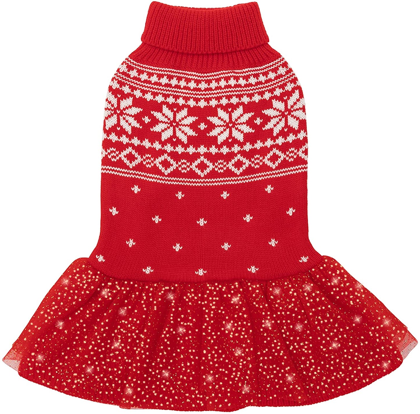 JVVGPET Christmas Dog Sweater Dress for Small Dog - Warm Winter Turtleneck Pullover Knitwear Dog Clothes with Leash Hole - Snowflake Pattern Cute Holiday Party Daily Wear Dog Puppy Sweater(Xxs) Animals & Pet Supplies > Pet Supplies > Dog Supplies > Dog Apparel JVVGPET S: neck 12" -14" chest 17"-20"  