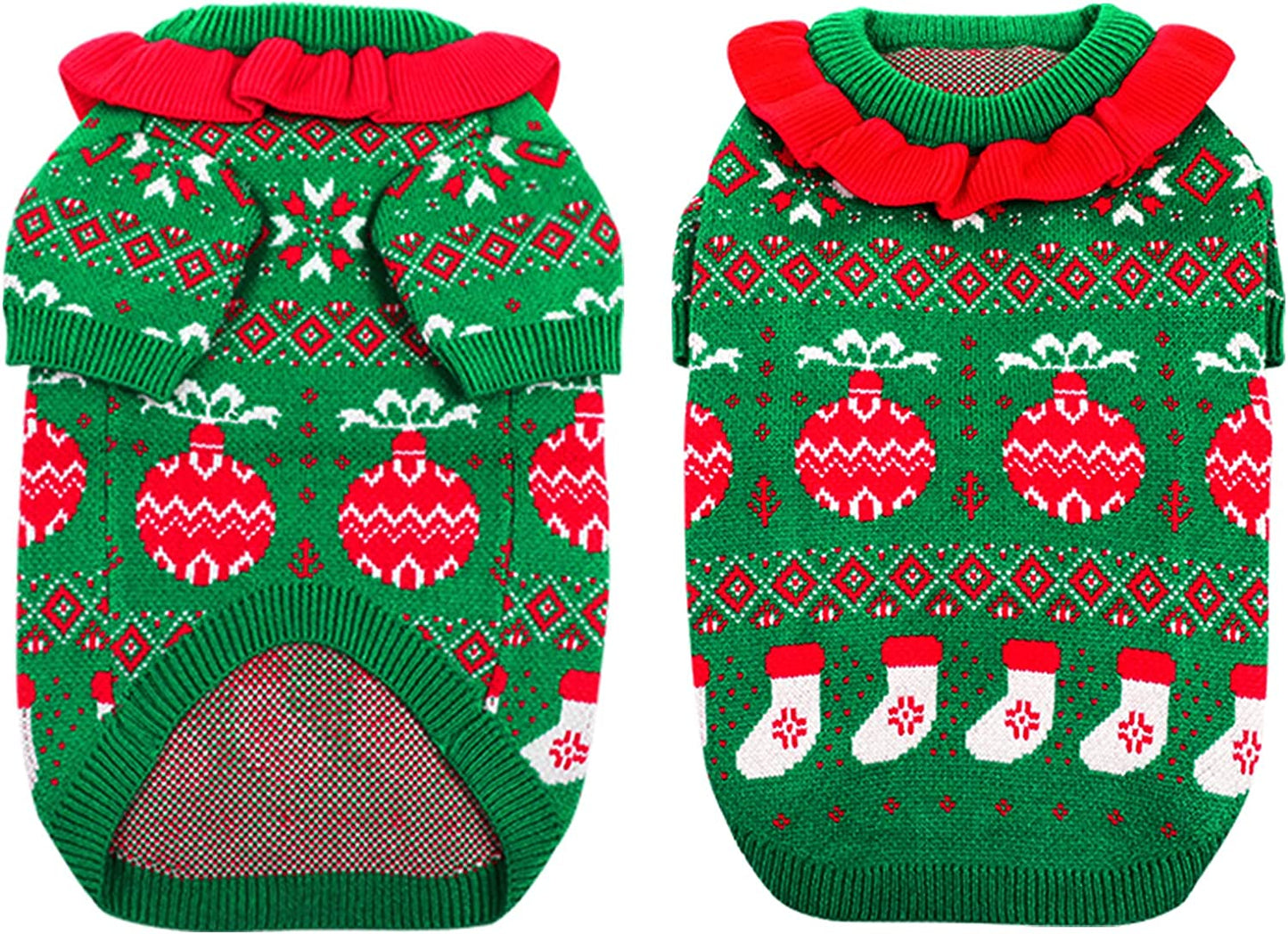 Queenmore Dog Christmas Sweater, Pet Cold Weather Pullover Sweater, Knit Clothes Elastic Thick, round Neck with Ruffles for Small Dogs, Doggies, Pups and Cats (Red, Medium) Animals & Pet Supplies > Pet Supplies > Dog Supplies > Dog Apparel Queenmore Green X-Large 