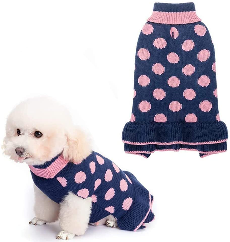 EXPAWLORER Dog Sweater for Small Dogs - Dog Winter Clothes with Leash Hole, Warm Polka Dot Turtleneck Knitwear Skirt for Puppy, Dog Winter Coat Apparel for Girl Dogs Animals & Pet Supplies > Pet Supplies > Dog Supplies > Dog Apparel EXPAWLORER Navy S/M 