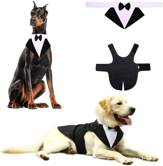 Dog Tuxedo Wedding Party Suit, Formal Tuxedo for Medium Large Dogs, Dog Prince Shirt and Bandana Set with Bow Tie, Weeding Attire Dress-Up Costumes Holiday Wear, Elegant Dog Cosplay Apparel Animals & Pet Supplies > Pet Supplies > Dog Supplies > Dog Apparel ZARYIEEO Black XXL(Chest:31.5"-38.6",Back:23.6") 
