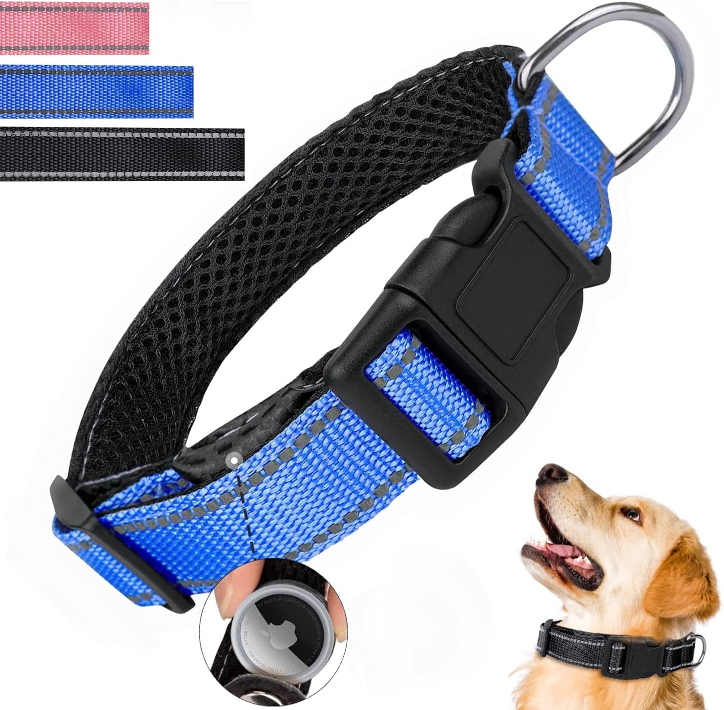 Reflective Airtag Dog Collar, Breathable Pink Nylon Dog Collar with Airtag Holder, the Waterproof Dog Collar Airtag, Dog Tracking Collar, Adjustable Airtag Accessories Dog Collar for Medieum Dogs Electronics > GPS Accessories > GPS Cases Simket Blue Medium 