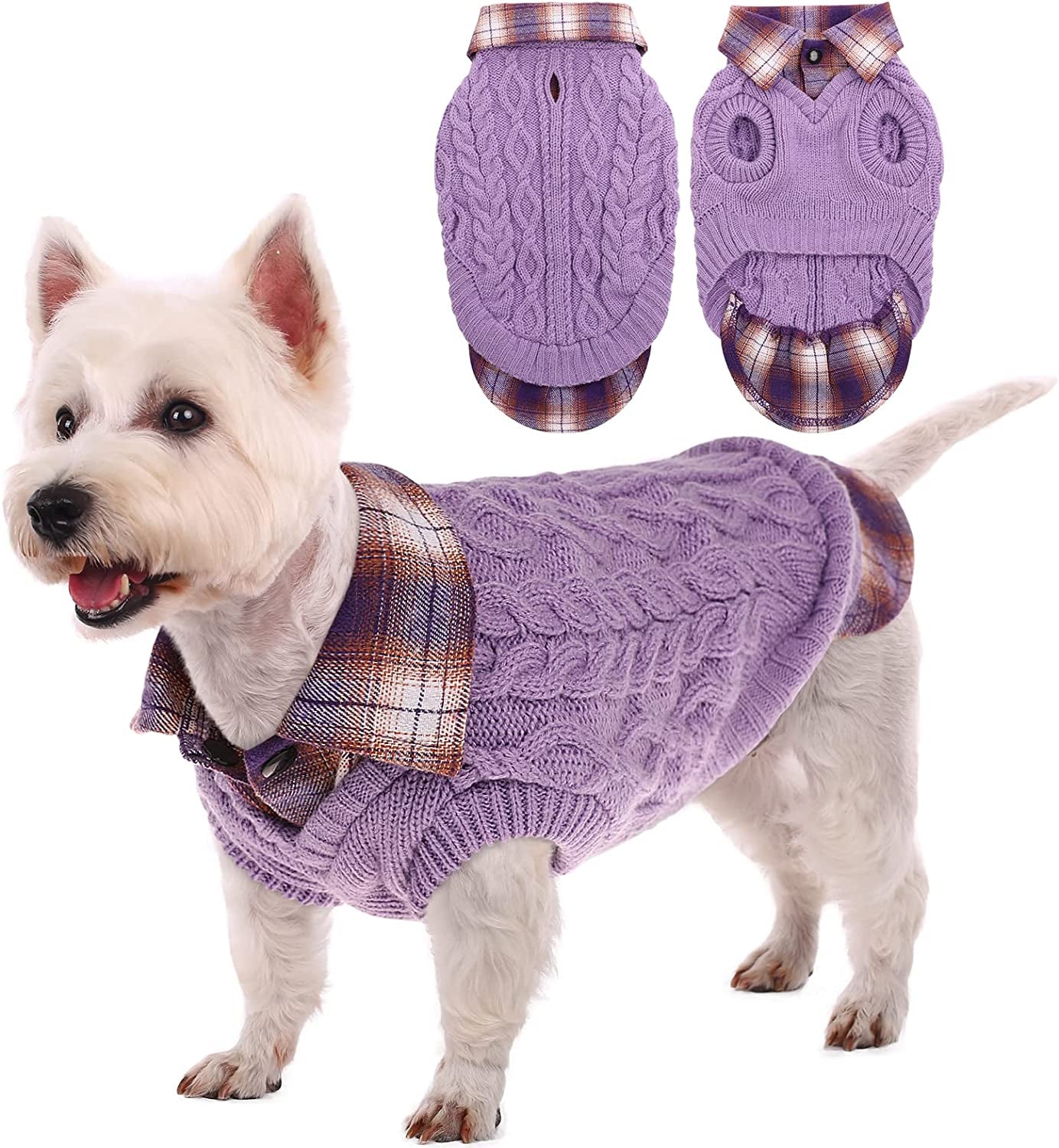 Kuoser Dog Sweater, Plaid Patchwork Dog Knitwear Vest for Fall Winter, Pullover Cozy Dog Clothes Pet Cold Weather Coat Warm Apparel for Small Medium Dogs Cats Xs-Xl(Black, S) Animals & Pet Supplies > Pet Supplies > Dog Supplies > Dog Apparel Kuoser Purple Small (pack of 1) 