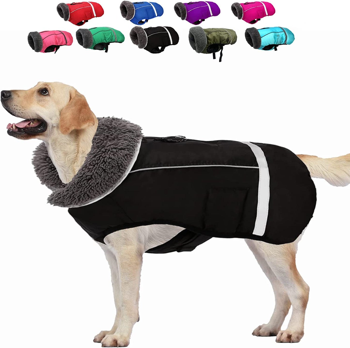 Doglay Dog Winter Coat with Thicken Furry Collar, Reflective Warm Pet Jacket Fleece Lining Waterproof Windproof Dog Clothes for Cold Weather, Soft Puppy Vest Apparel for Small Medium Large Dogs Animals & Pet Supplies > Pet Supplies > Dog Supplies > Dog Apparel Doglay Black XL(Chest : 24.41-33.46" , Back : 19.68") 