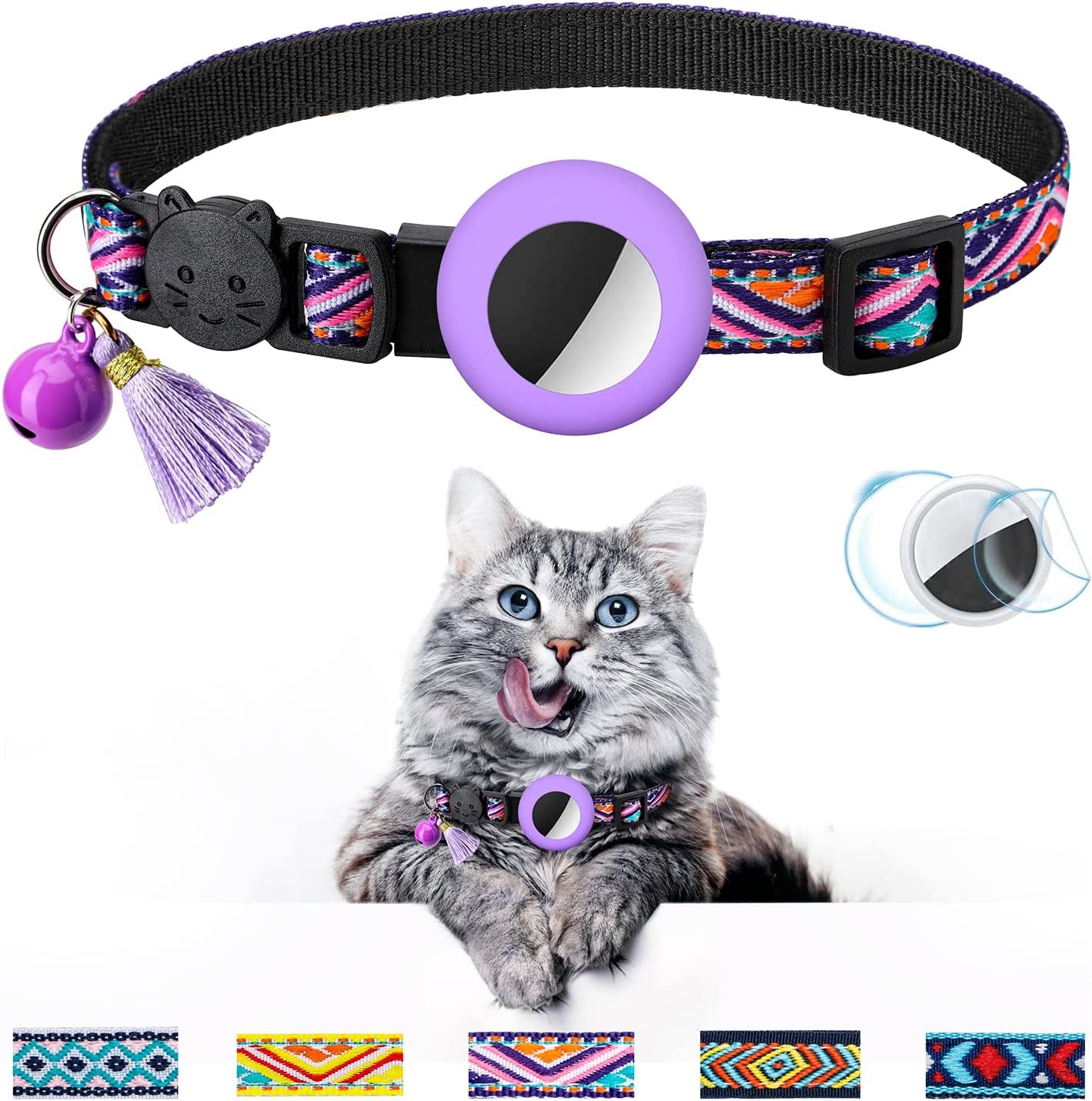 Airtag Cat Collar with Bell Adjustable Breakaway Kitten Collars:- Safety Buckle and Silicone Air Tag Holder Case Compatible with Apple Airtag Geometric Pattern Pet Collar