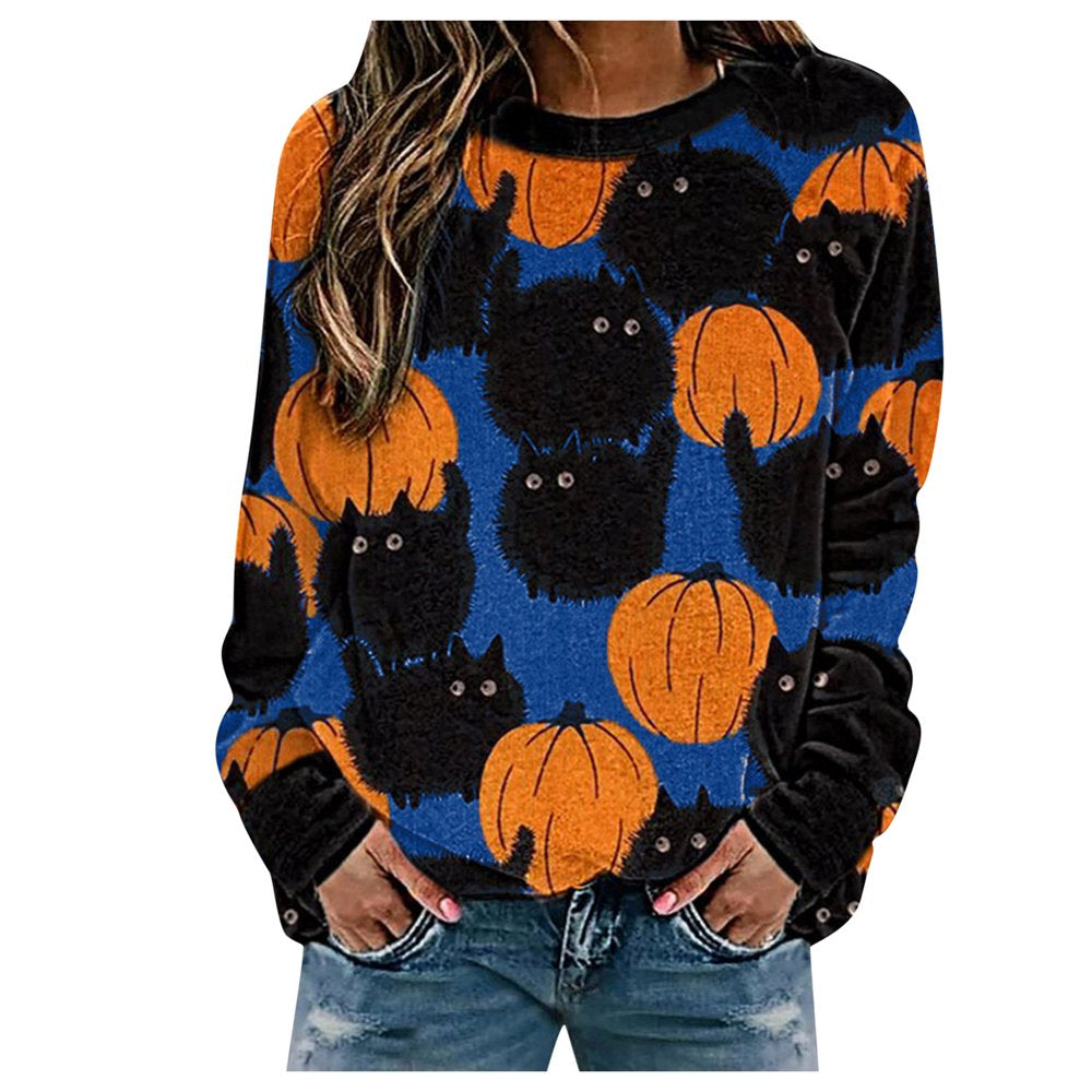 Follure Women Halloween Tops T-Shirt Black Cats Pumpkin Print Long Sleeve Crenwck Pullover Sweatshirt Animals & Pet Supplies > Pet Supplies > Cat Supplies > Cat Apparel Follure Halloween Pullover #Blue XXL 