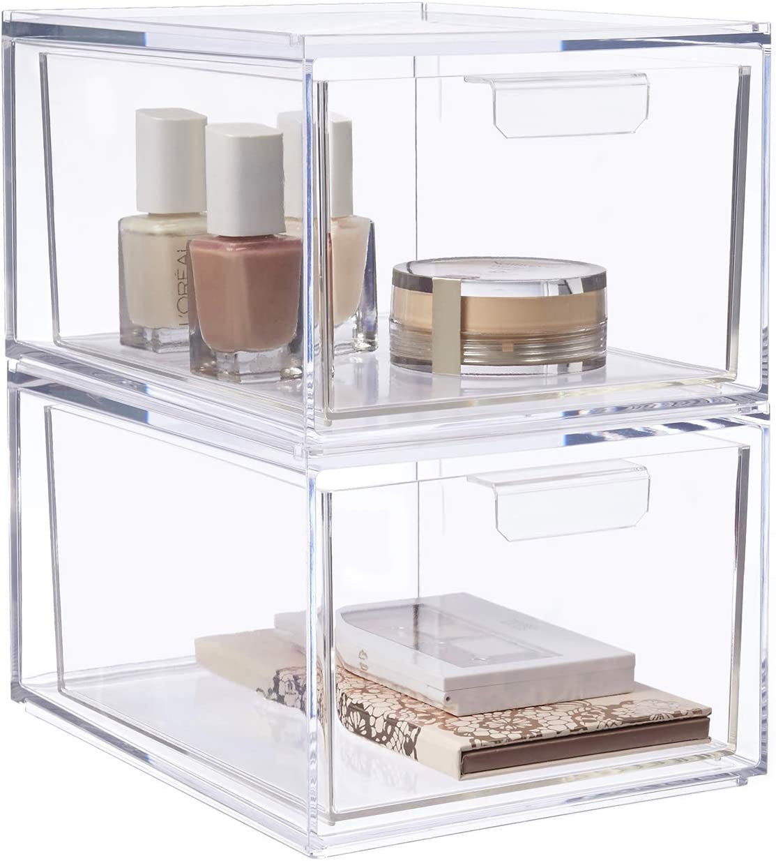 STORi Audrey Stackable Bin Clear Plastic Organizer Drawers , 2 Piece Set ,  Organize Cosmetics and Beauty Supplies on a Vanity , Made in USA 6.75 Clear  