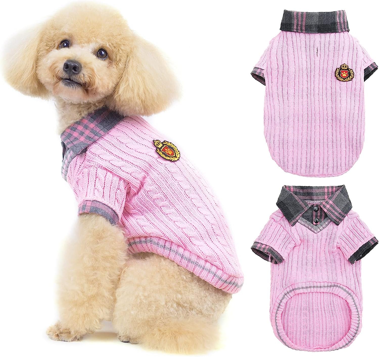 PUPTECK Soft Warm Dog Sweater Cute Knitted Dog Winter Clothes Classic Plaid Dog Coats for Cats Small Medium Puppy Dogs Animals & Pet Supplies > Pet Supplies > Dog Supplies > Dog Apparel PUPTECK Pink S: chest girth: 16", back length: 12" 