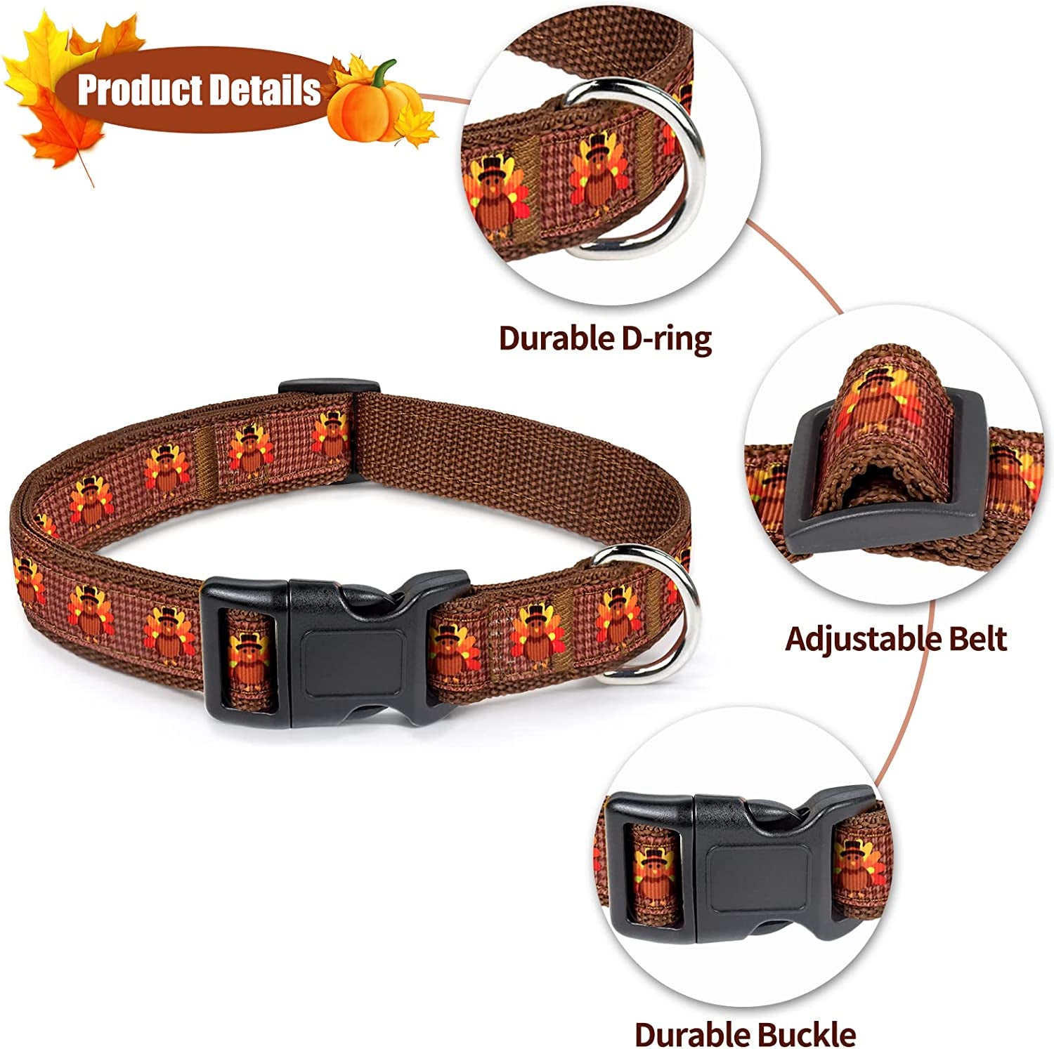 Malier Thanksgiving Dog Collar with Bowtie, Turkey Dog Collar Fall Dog Collar for Girl and Boy, Cute Adjustable Dog Collars Puppy Collar for Small Medium Large Dogs (Larger, Turkey-Brown) Animals & Pet Supplies > Pet Supplies > Dog Supplies > Dog Apparel Malier   