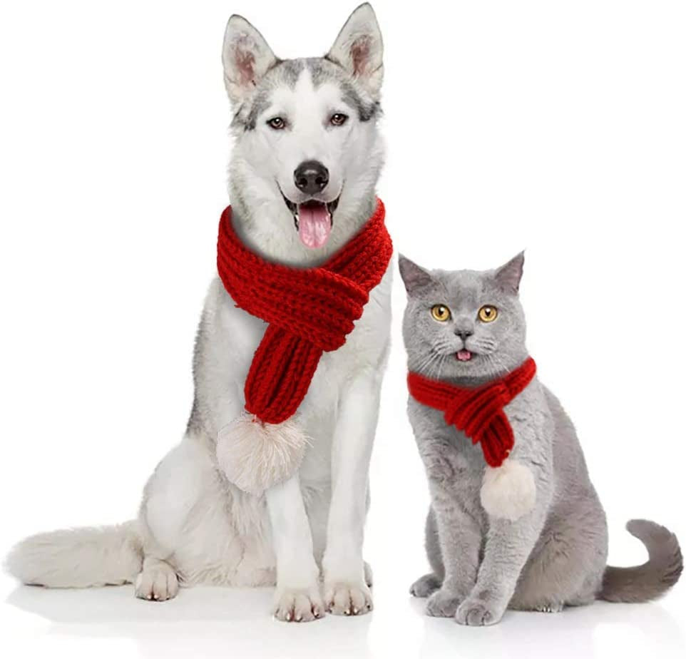 NACOCO Christmas Dog Knitted Scarf with White Pompom Warm Bandana Winter Holiday Pet Accessories Cat Scarves for Small Medium Cats Dogs Lovely Winter Outfits (S, Red) Animals & Pet Supplies > Pet Supplies > Dog Supplies > Dog Apparel NACOCO Red Small (Pack of 1) 