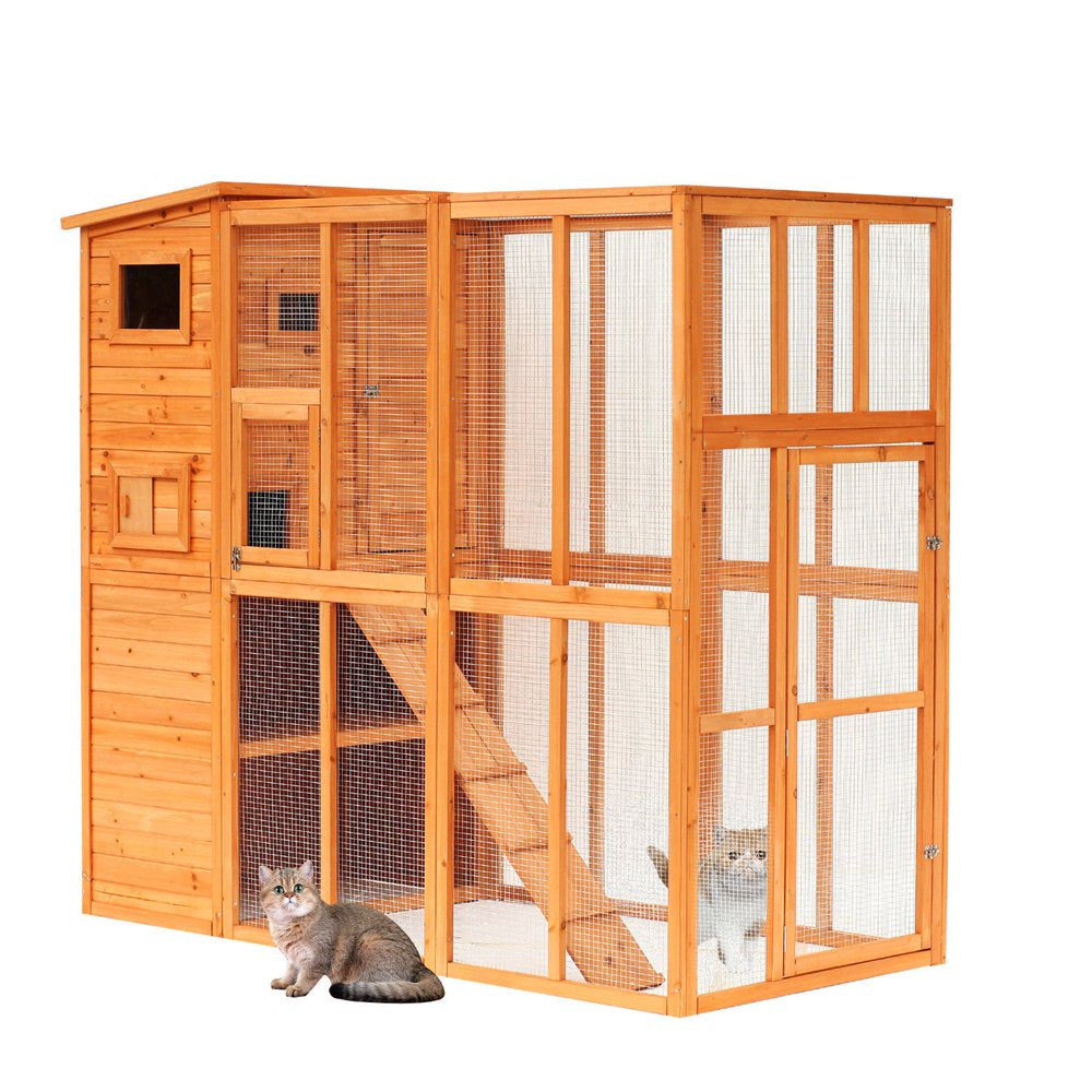 Outdoor Durable Wire Mesh Wooden Cat Home Enclosure Pet Shelter Cage W/ Play Area Run