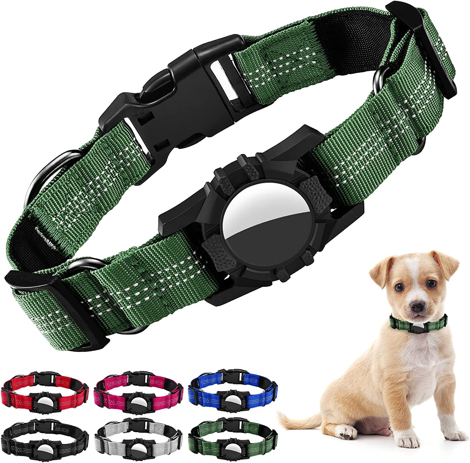 Dog Collar for Airtag, Reflective Adjustable Pet Collar for Apple Airtags, Soft Nylon Dog Collars with Air Tag Holder Case, Durable Apple Airtag Dog Collar Accessores for Puppy Dogs (XS, Black) Electronics > GPS Accessories > GPS Cases iSurecoube Army Green X-Small(10.7"-12.2") 
