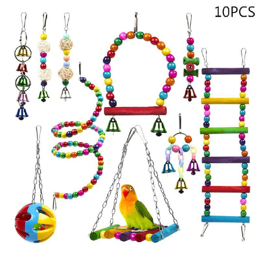 TONKBEEY 10Pcs Wooden Parrot Ladders Hammock Bird Cage Swing Perch Stand Hanging Chew Ball Bell Puzzle Toys
