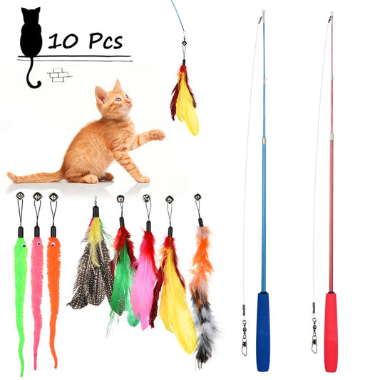 Cat Toys Interactive Cat Feather Wand, Kitten Toys Retractable Cat Wand Toy 10Pcs Natural Feather Teaser Replacements Telescopic Cat Fishing Pole Toy for Indoor Kitty Old Cat Exercise