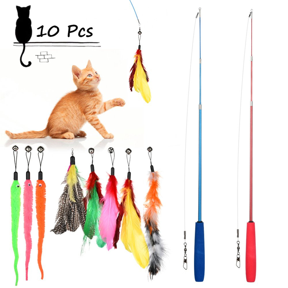 Cat Toys Interactive Cat Feather Wand, Kitten Toys Retractable Cat Wand Toy 10Pcs Natural Feather Teaser Replacements Telescopic Cat Fishing Pole Toy for Indoor Kitty Old Cat Exercise Animals & Pet Supplies > Pet Supplies > Cat Supplies > Cat Toys Ms.Dear   