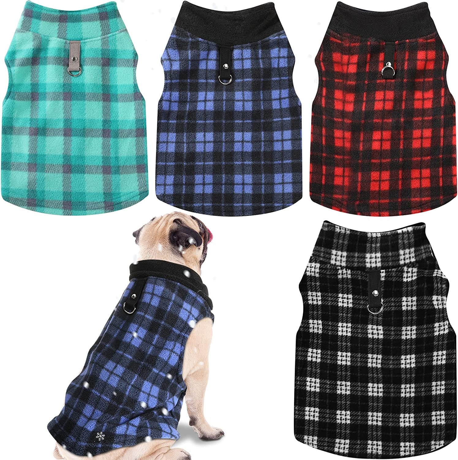 4 Pieces Winter Fabric Dog Sweater with Leash Ring Fleece Vest Dog Pullover Jacket Warm Pet Dog Clothes for Puppy Small Dogs Cat Chihuahua Boy (Plaid Pattern, XS) Animals & Pet Supplies > Pet Supplies > Dog Supplies > Dog Apparel Weewooday Plaid L 