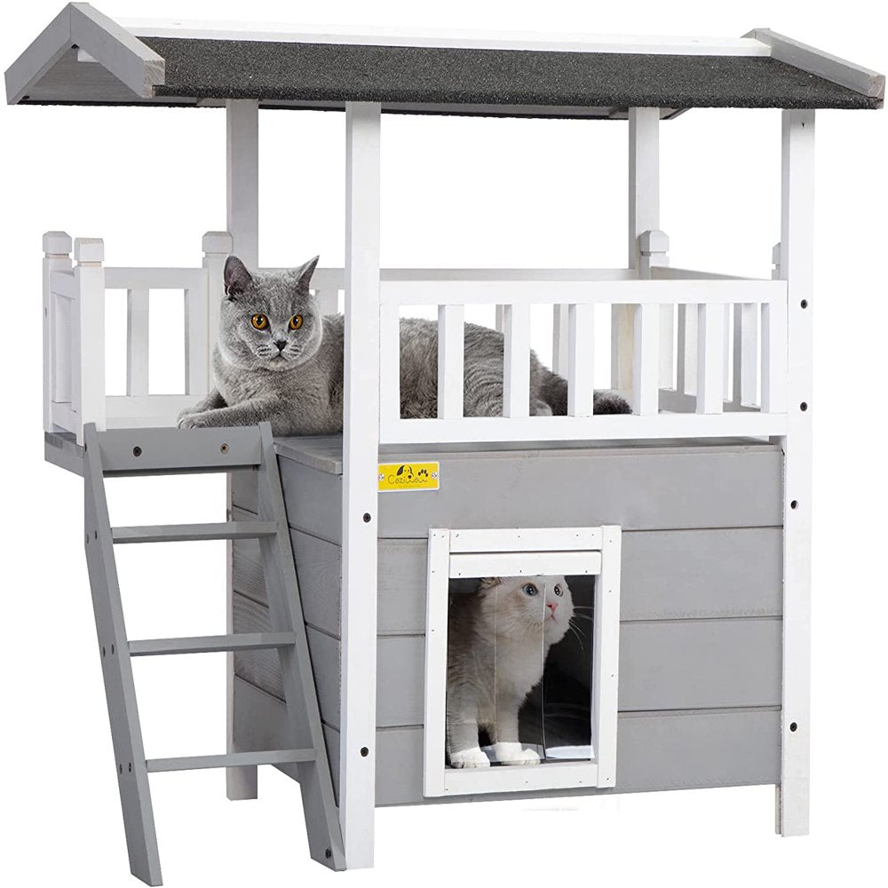 Coziwow Wooden Cat Dog House Outdoor with Shelter Balcony, Gray Animals & Pet Supplies > Pet Supplies > Dog Supplies > Dog Houses Jaxpety   