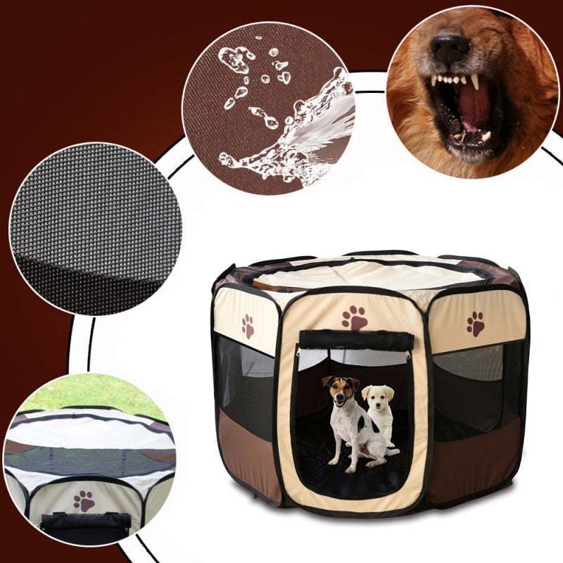 Portable Collapsible Octagonal Pet Tent Dog House Outdoor Breathable Kennel Fence Coffee