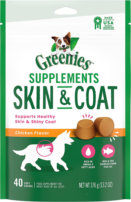 GREENIES Skin & Coat Food Supplements with Omega 3 Fatty Acids, 40-Count Chicken- Flavor Soft Chews for Adult Dogs Animals & Pet Supplies > Pet Supplies > Dog Supplies > Dog Apparel Mars Petcare 40 Count  