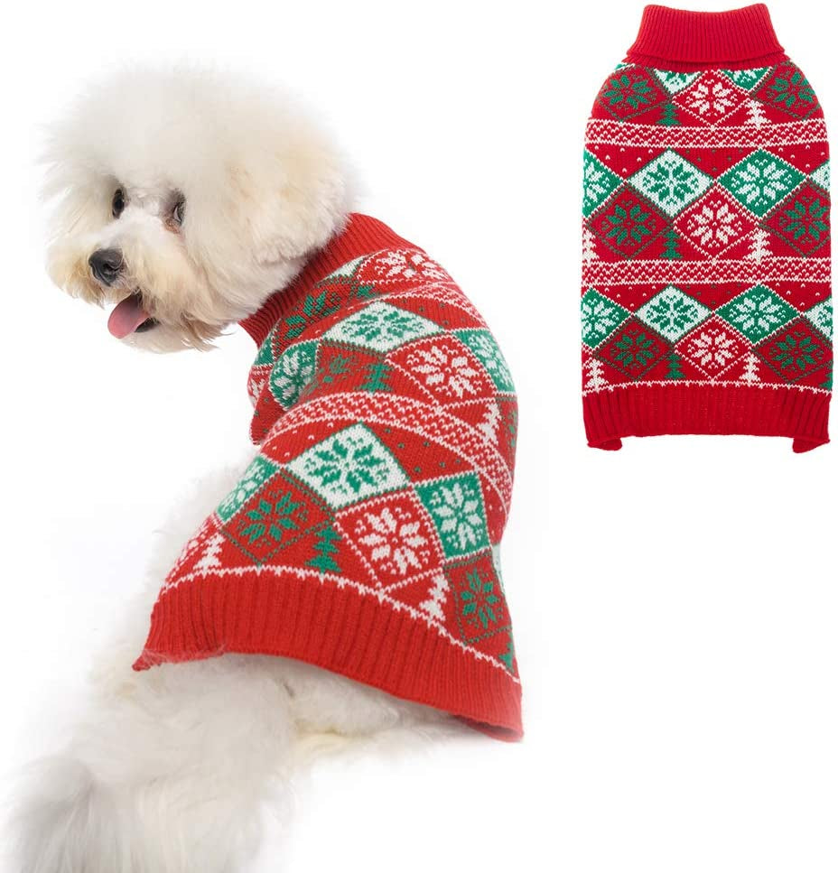 PAWCHIE Dog Sweater - Warm and Soft Winter Knitted Turtleneck Red New Year Rhombus and Snowflake Patterns Cold Weather Dog Coat, Holiday Pet Sweaters for Small Medium Large Dogs Animals & Pet Supplies > Pet Supplies > Dog Supplies > Dog Apparel PAWCHIE Sweater Small/Medium 