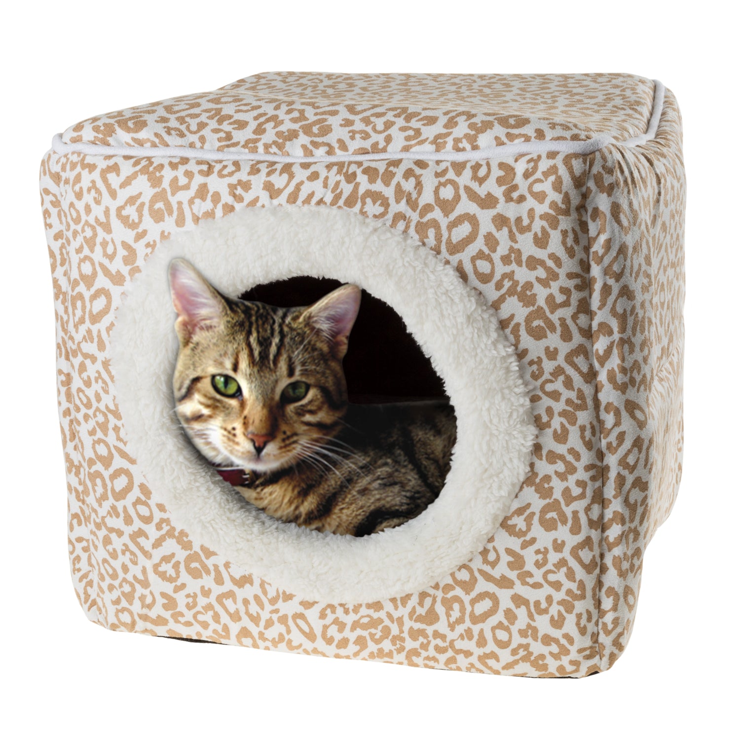 PETMAKER Cat Pet Bed Cave Indoor Enclosed Covered Cavern House for Cats Kittens and Small Pets with Removable Cushion, Tan White Animal Print