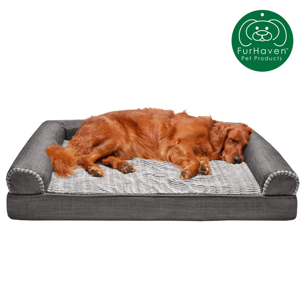 Furhaven Pet Products | Memory Foam Luxe Fur & Performance Linen Sofa-Style Couch Pet Bed for Dogs & Cats, Woodsmoke, Large Animals & Pet Supplies > Pet Supplies > Cat Supplies > Cat Beds FurHaven Pet Memory Foam Jumbo Charcoal