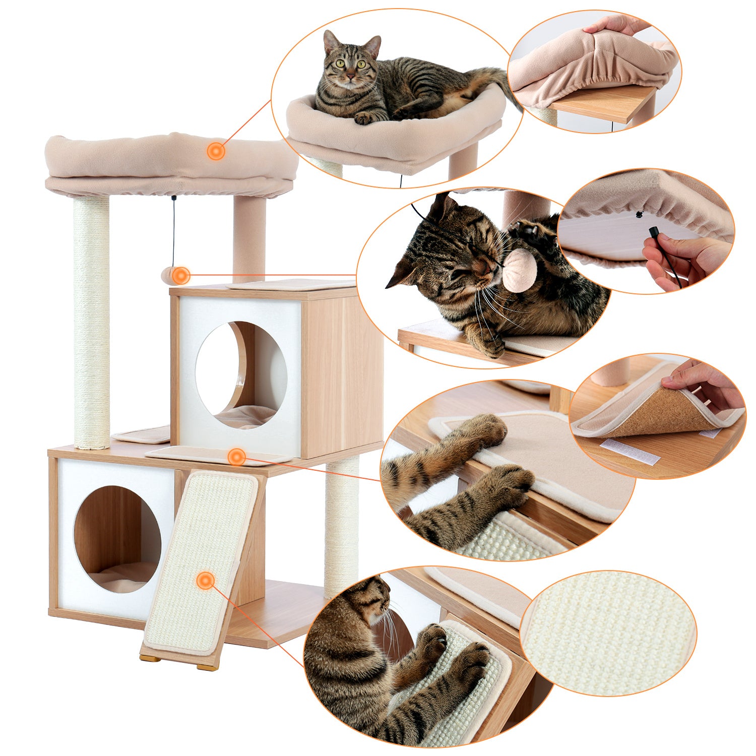 AUKFA Cat Tree Wood Cool Sisal Scratching Post Kitten Furniture Plush Condo Playhouse with Dangling Toys Cats Activity Centre Beige Animals & Pet Supplies > Pet Supplies > Cat Supplies > Cat Furniture AUKFA Beige  