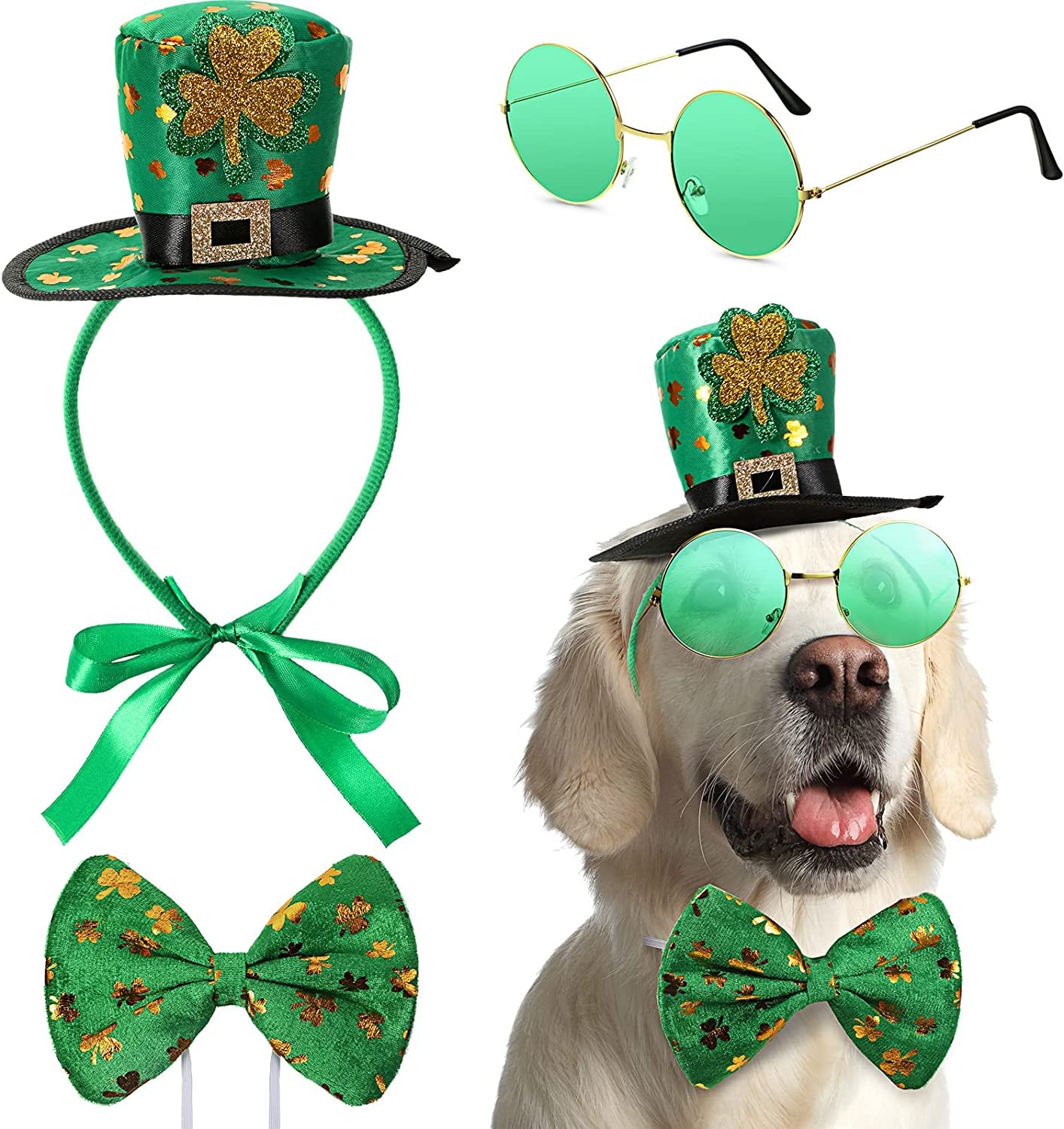 3 Pcs St Patrick'S Day Dog Costume, St. Patty'S Day Doggie Headband Green round PET Sunglasses and Green Shamrock Bow Tie Kit for Medium Large Dogs Animals & Pet Supplies > Pet Supplies > Dog Supplies > Dog Apparel Yaomiao   