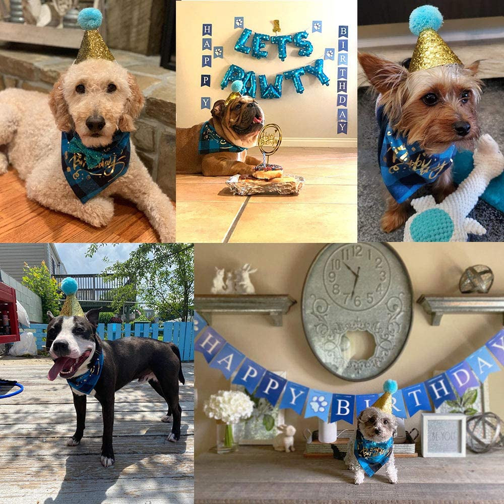 ADOGGYGO Dog Birthday Boy Bandana - Dog 1St Birthday Party Supplies - Dog 1St Birthday Hat Scarf Happy Birthday Banner Dog Boy First Birthday Outfit for Dogs Pets (Blue Hat&Scarf&Collar&Banner) Animals & Pet Supplies > Pet Supplies > Dog Supplies > Dog Apparel ADOGGYGO   