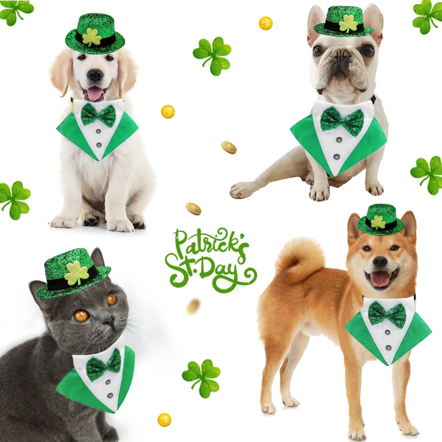 2 Pack St. Patrick'S Day Costume Dog Bandana Collar and Pet Top Hat Green Dog Bow Tie Formal Tux Clothes with D-Ring Irish Tuxedo St Patrick Costume for Dogs Puppy Cat Party Dress-Up Animals & Pet Supplies > Pet Supplies > Dog Supplies > Dog Apparel CAISANG   