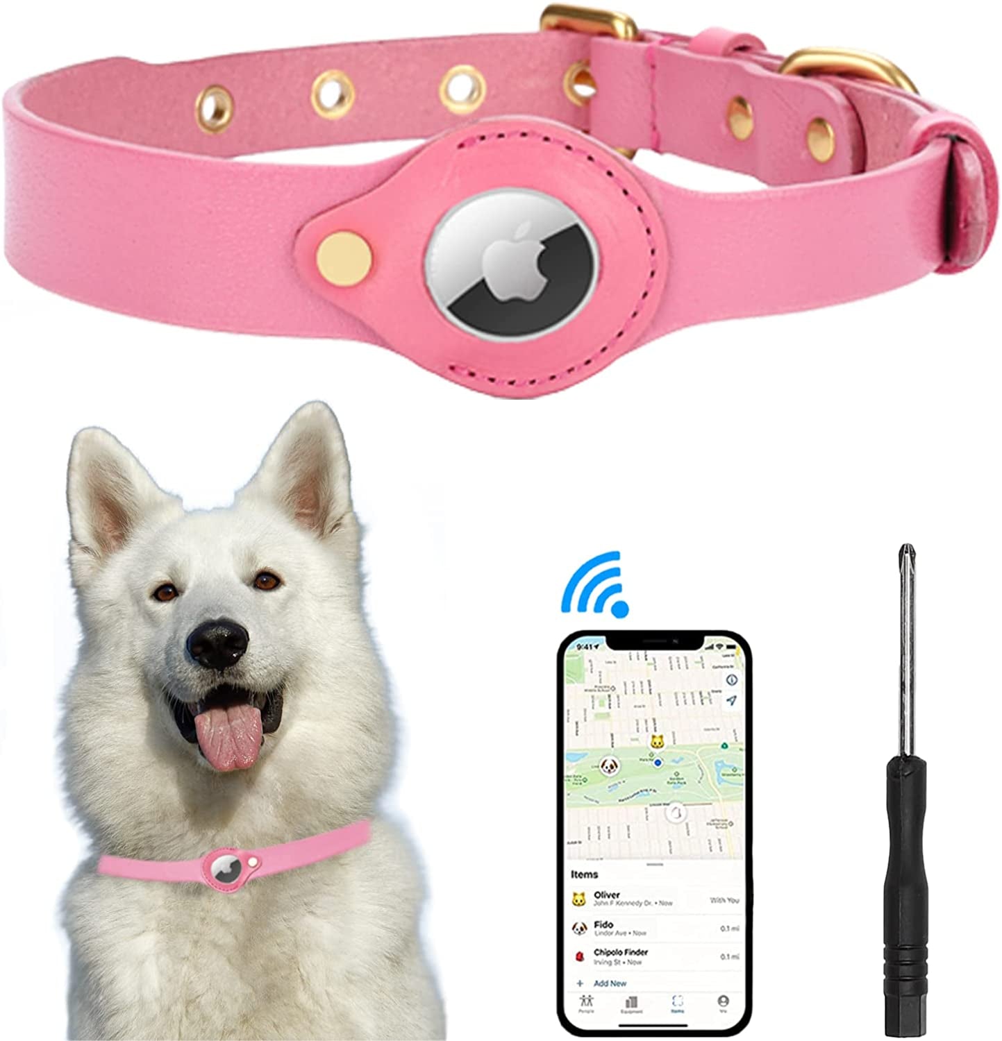 JIPIMON Airtag Dog Collar Prevents Loss Comfortable and Safe Adjustable Genuine Leather Airtag Dog Collar Holder for Small Medium Large Dogs Electronics > GPS Accessories > GPS Cases JIPIMON Pink Small 